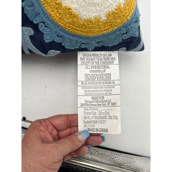 Set of 2 Embroidered Decorative Throw Pillows – Blue, Yellow & White - Picture 5 of 8